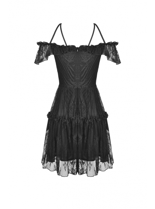 Lace Star-Line Straps Short Sleeves Black Gothic Dress