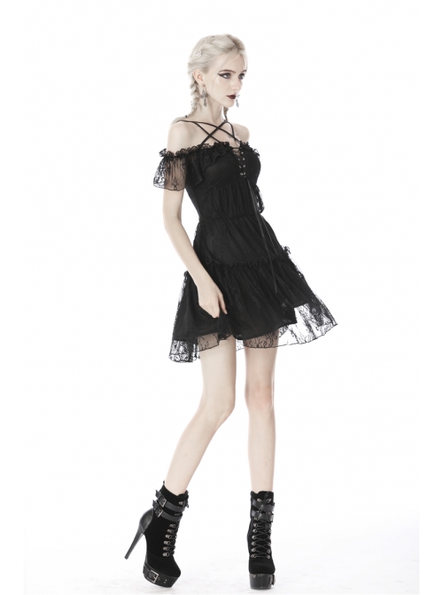 Lace Star-Line Straps Short Sleeves Black Gothic Dress