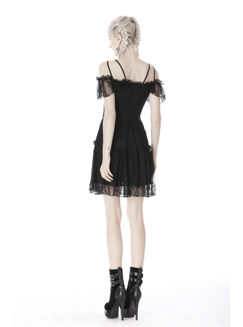 Lace Star-Line Straps Short Sleeves Black Gothic Dress