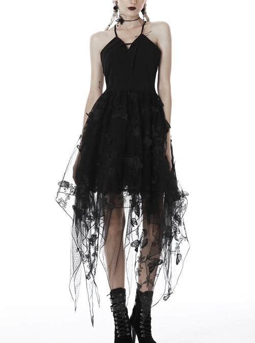 Sexy High Waisted Butterfly Pattern Asymmetry Hem Black Sling Gothic Dress