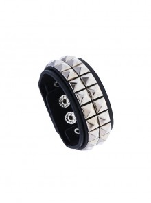 Black And Silver Personalized Spiked Nails Non-Mainstream Punk Style Men's Wide-Brimmed Leather Bracelet