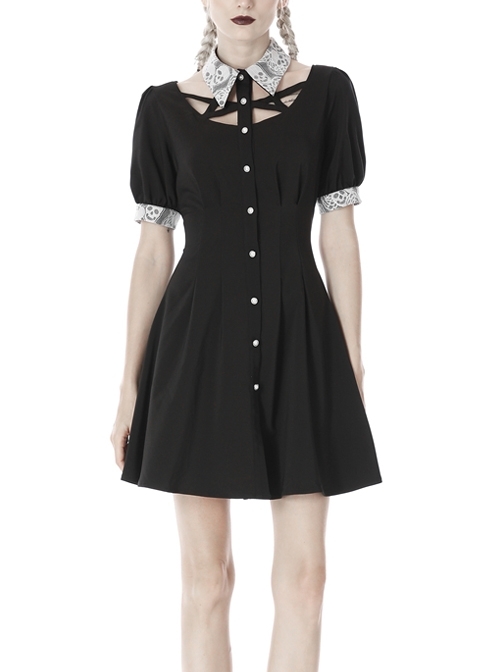 White Lapel Collar Bandage Button Short Sleeves Black Punk Dress