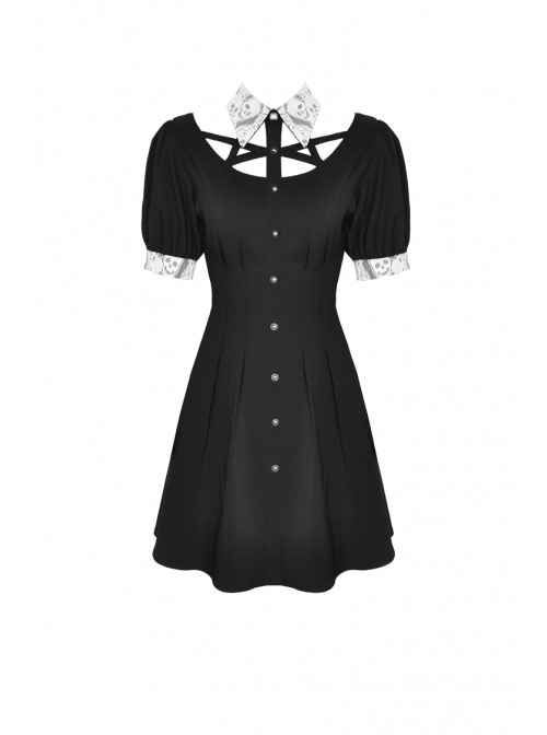 White Lapel Collar Bandage Button Short Sleeves Black Punk Dress