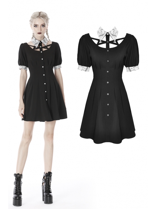 White Lapel Collar Bandage Button Short Sleeves Black Punk Dress
