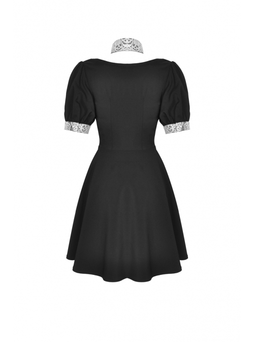 White Lapel Collar Bandage Button Short Sleeves Black Punk Dress