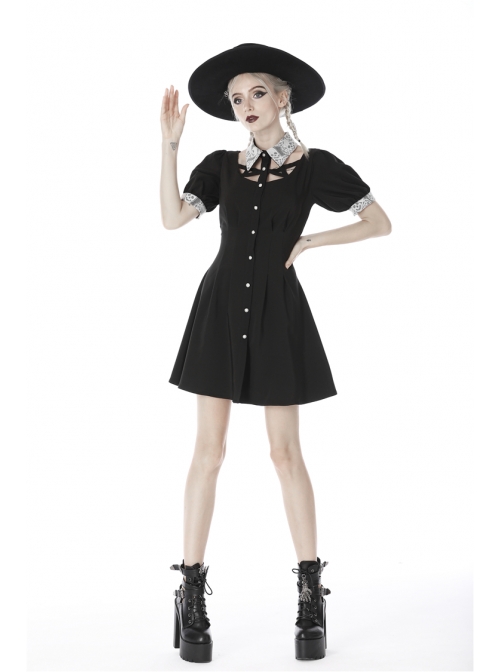 White Lapel Collar Bandage Button Short Sleeves Black Punk Dress