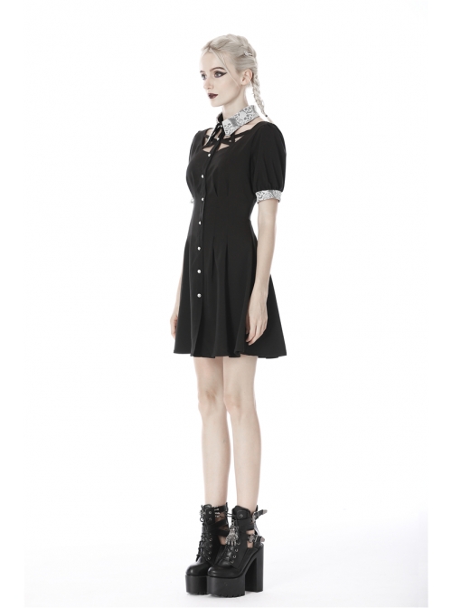 White Lapel Collar Bandage Button Short Sleeves Black Punk Dress