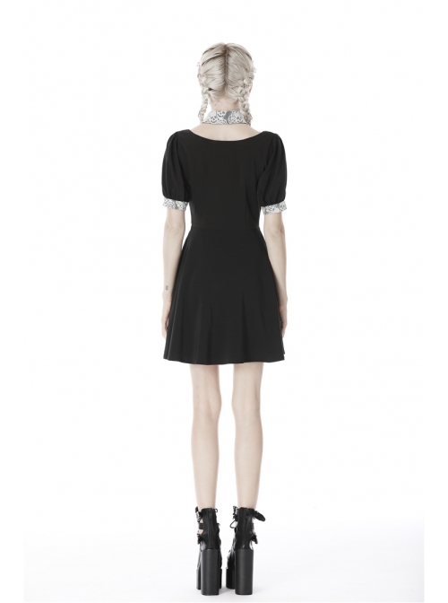 White Lapel Collar Bandage Button Short Sleeves Black Punk Dress