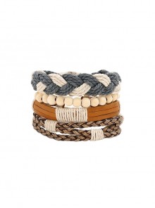 Simple Vintage Woven Wooden Bead Combination Leather Unisex Four-Piece Bracelet