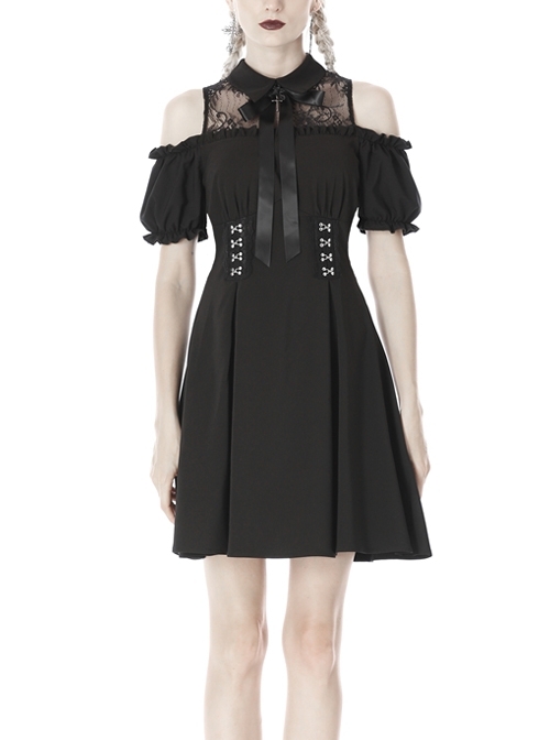 Lolita Off-Shoulder Bow Collar Cross Button Waisted Black Gothic Dress