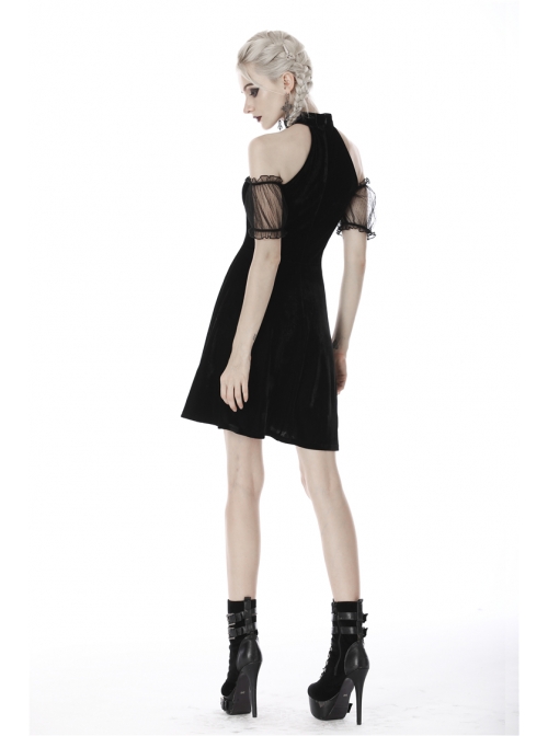 Off-Shoulder Metal Moon-Shaped Pendant Chest Lace-Up Black Gothic Dress
