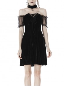 Off-Shoulder Metal Moon-Shaped Pendant Chest Lace-Up Black Gothic Dress