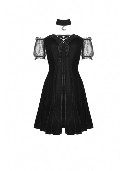 Off-Shoulder Metal Moon-Shaped Pendant Chest Lace-Up Black Gothic Dress