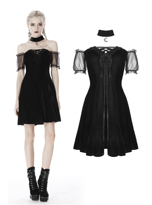 Off-Shoulder Metal Moon-Shaped Pendant Chest Lace-Up Black Gothic Dress