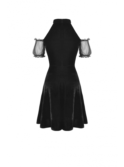 Off-Shoulder Metal Moon-Shaped Pendant Chest Lace-Up Black Gothic Dress