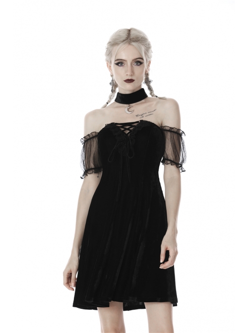 Off-Shoulder Metal Moon-Shaped Pendant Chest Lace-Up Black Gothic Dress