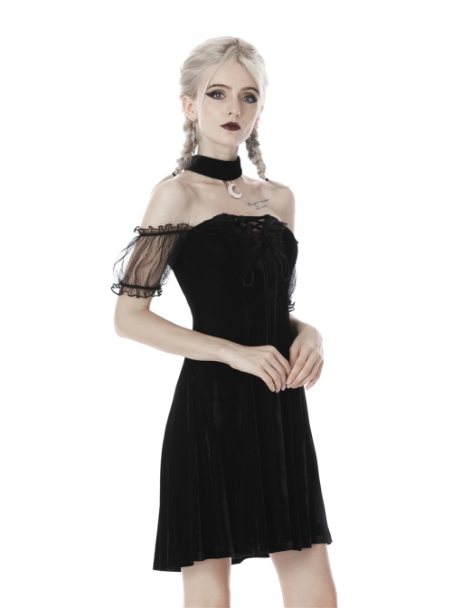 Off-Shoulder Metal Moon-Shaped Pendant Chest Lace-Up Black Gothic Dress