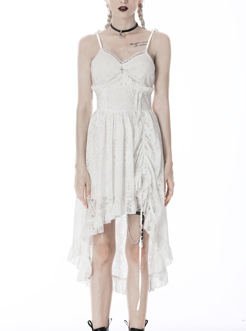White Cross Lace Rear Long Hem Sling Punk Dress