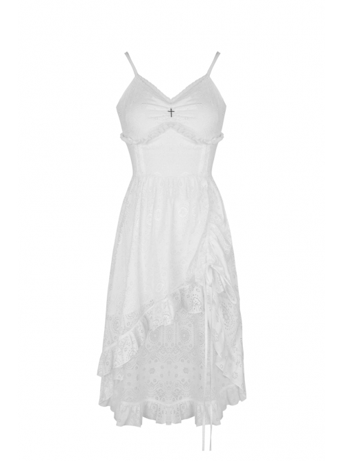 White Cross Lace Rear Long Hem Sling Punk Dress