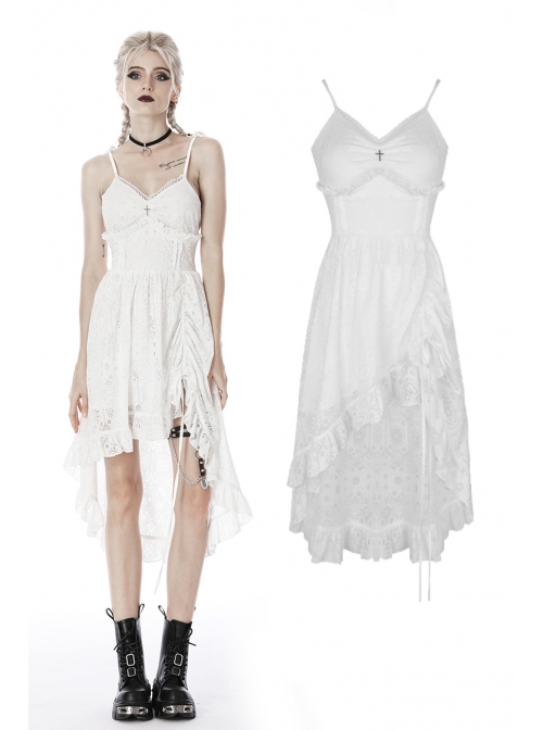 White Cross Lace Rear Long Hem Sling Punk Dress