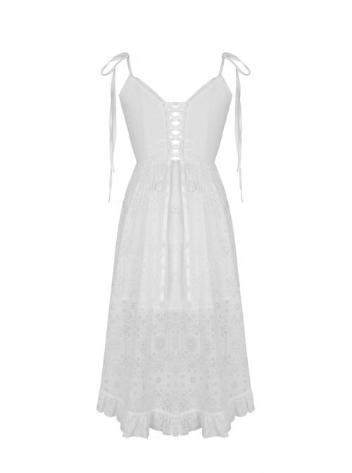 White Cross Lace Rear Long Hem Sling Punk Dress