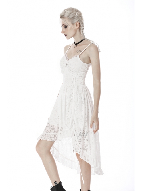 White Cross Lace Rear Long Hem Sling Punk Dress