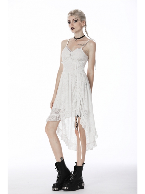White Cross Lace Rear Long Hem Sling Punk Dress