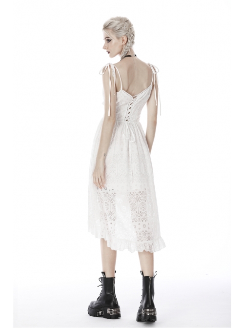 White Cross Lace Rear Long Hem Sling Punk Dress