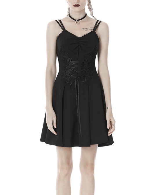 Lace-Up Waisted Flower Straps Black Punk Sling Dress