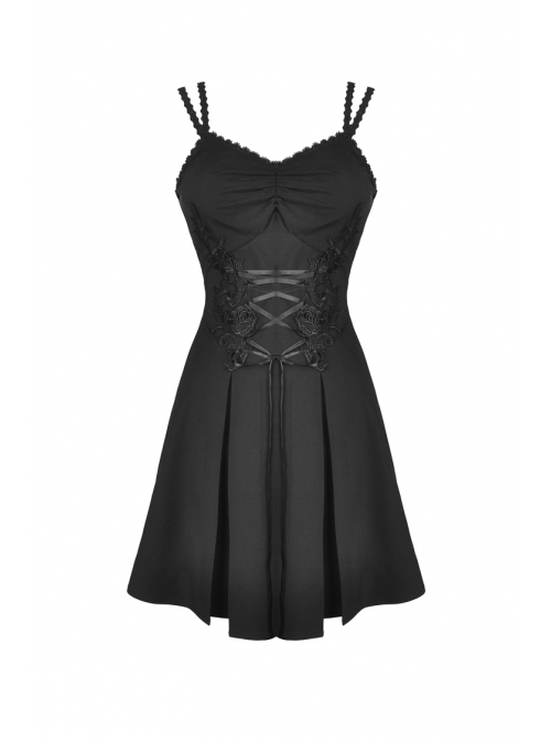 Lace-Up Waisted Flower Straps Black Punk Sling Dress