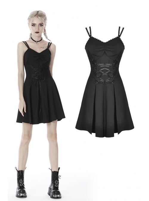 Lace-Up Waisted Flower Straps Black Punk Sling Dress