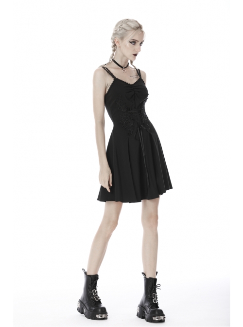 Lace-Up Waisted Flower Straps Black Punk Sling Dress