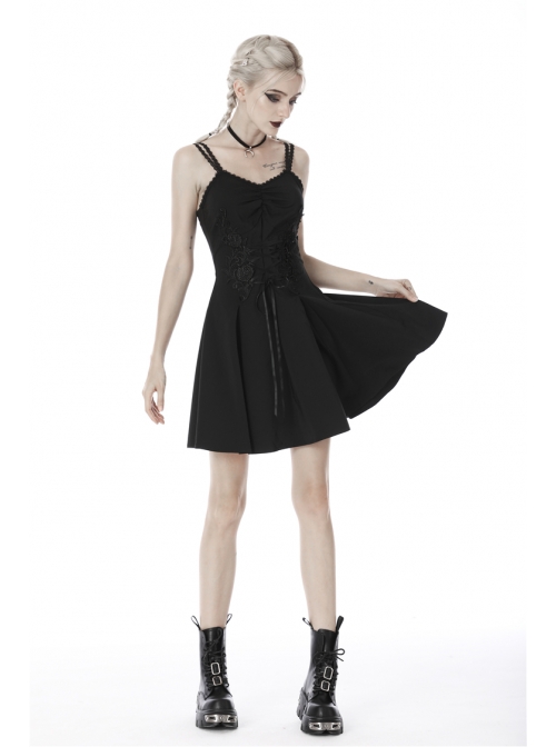 Lace-Up Waisted Flower Straps Black Punk Sling Dress