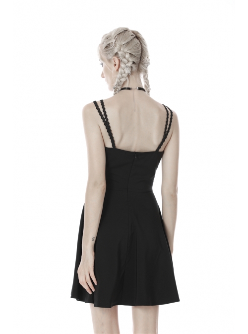 Lace-Up Waisted Flower Straps Black Punk Sling Dress
