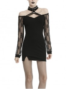 Off-Shoulder Bandage Net Long Sleeves Slit Hem Tight Black Punk Dress