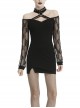 Off-Shoulder Bandage Net Long Sleeves Slit Hem Tight Black Punk Dress