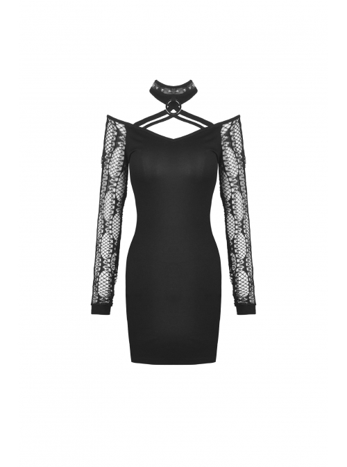 Off-Shoulder Bandage Net Long Sleeves Slit Hem Tight Black Punk Dress