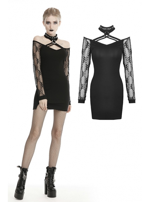 Off-Shoulder Bandage Net Long Sleeves Slit Hem Tight Black Punk Dress