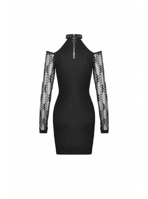 Off-Shoulder Bandage Net Long Sleeves Slit Hem Tight Black Punk Dress