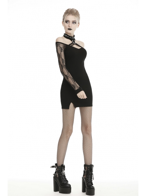 Off-Shoulder Bandage Net Long Sleeves Slit Hem Tight Black Punk Dress