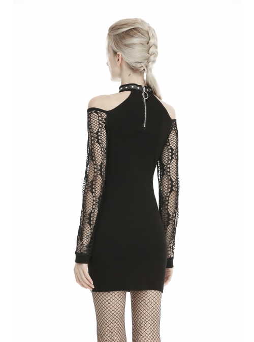 Off-Shoulder Bandage Net Long Sleeves Slit Hem Tight Black Punk Dress