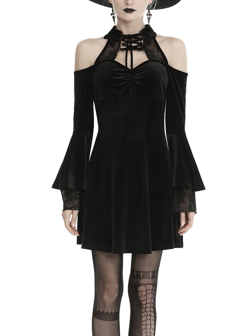 Black Lace-Up Collar Off-Shoulder Lace Velvet Gothic Dress
