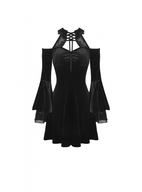 Black Lace-Up Collar Off-Shoulder Lace Velvet Gothic Dress