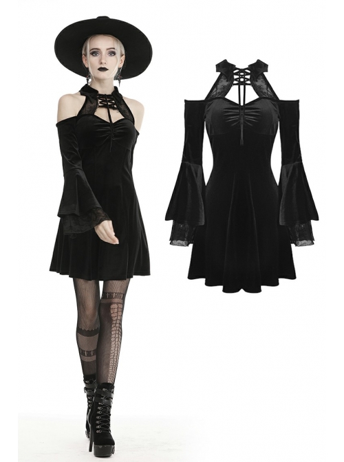 Black Lace-Up Collar Off-Shoulder Lace Velvet Gothic Dress