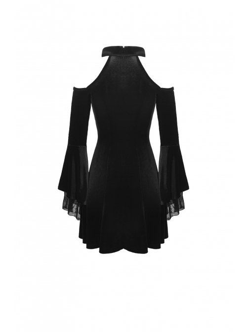 Black Lace-Up Collar Off-Shoulder Lace Velvet Gothic Dress
