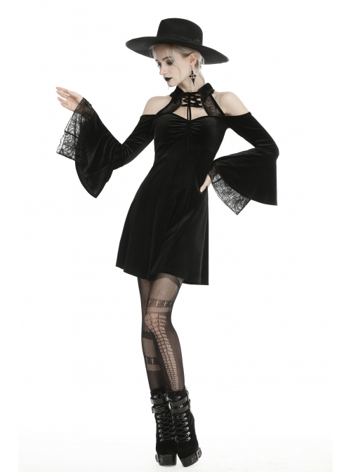 Black Lace-Up Collar Off-Shoulder Lace Velvet Gothic Dress