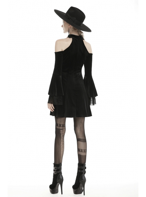 Black Lace-Up Collar Off-Shoulder Lace Velvet Gothic Dress