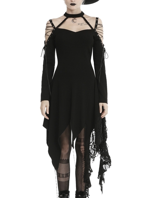 Off-Shoulder Lace-Up Metal Moon Pendant Asymmetrical Hem Black Punk Dress