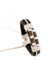 Simple Handwoven Metal Ring Beaded Vintage Unisex Leather Bracelet