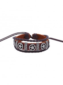 Brown Simple Metal Five-Pointed Star Pull Adjustment Cowhide Braided Neutral Bracelet